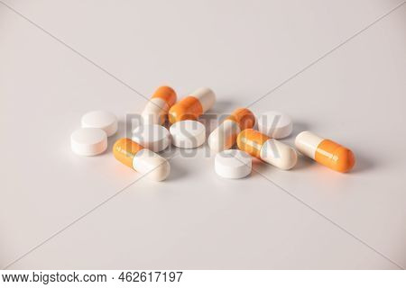 Tablets, Medications On A White Background, A Scattering Of Tablets