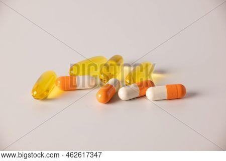 Tablets, Medications On A White Background, A Scattering Of Tablets