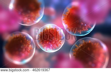 Cells Of The Body Under A Microscope. Viruses In The Body. Research Of Stem Cells. Cellular Therapy 