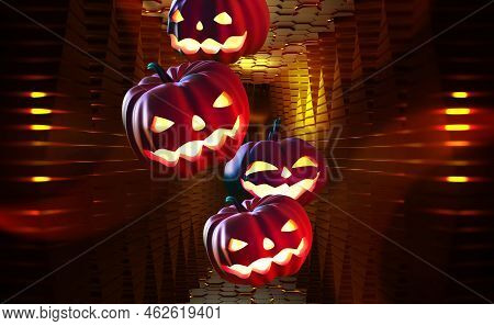 Cyber Halloween. Pumpkin Ghost 3d Illustration. Jack Pumpkinhead, All Saints Night On Nanotechnology