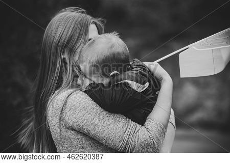 Portrait Baby Boy Crying And Calls To Stop War In Ukraine Raises Flag Ukraine. No War, Stop Russian 