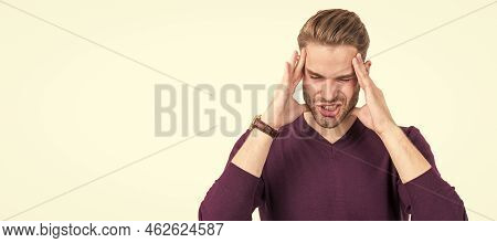 Distressed Guy With Closed Eyes Squeeze Head With Hands Suffering From Headache, Migraine. Man Face 
