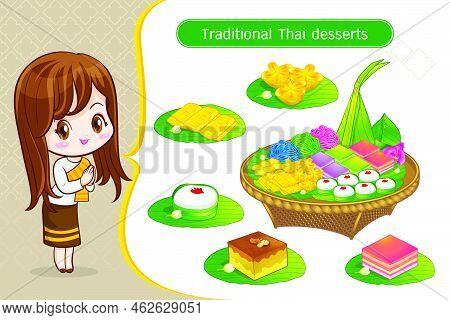 Thai Character In Traditional Costume Sawasdee And Welcome Presenting Traditional Thai Dessert Set