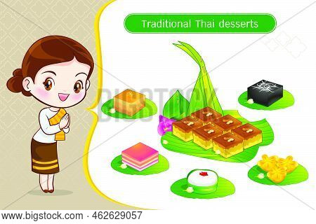 Thai Character In Traditional Costume Sawasdee And Welcome Presenting Traditional Thai Dessert Set