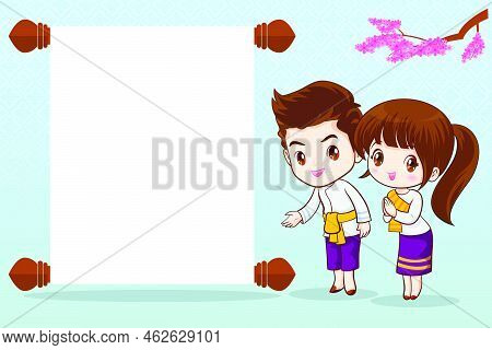 Thai Cartoon Character In Traditional Costume Presenter Sawasdee And Welcome For Template