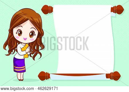 Thai Cartoon Character In Traditional Costume Presenter Sawasdee And Welcome For Template