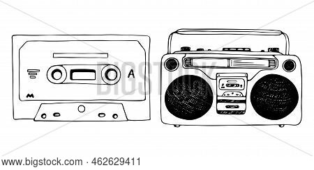 Hand Drawn Cassette, Mixtape And Vintage Retro Record Player Ink Illustration, Black And White Carto