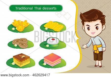 Thai Character In Traditional Costume Sawasdee And Welcome Presenting Traditional Thai Dessert Set