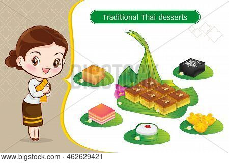 Thai Character In Traditional Costume Sawasdee And Welcome Presenting Traditional Thai Dessert Set
