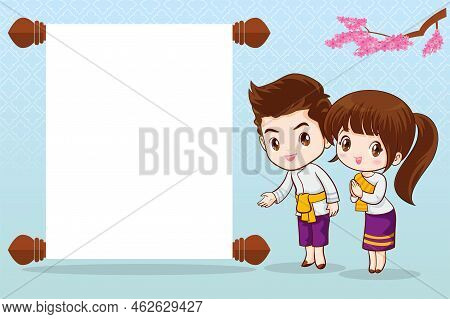 Thai Character In Traditional Costume Sawasdee And Welcome Presenting Traditional Thai Dessert Set