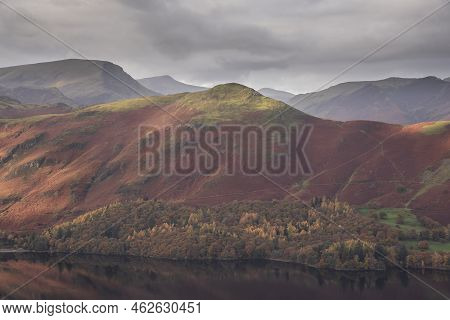 Epic Landscape Autumn Image Of View From Walla Crag In Lake District, Over Derwentwater Looking Towa