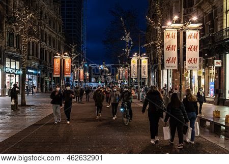 Antwerp, Flanders - Belgium - 12 28 2020  The Central Shopping Street De Meir At Night During Christ