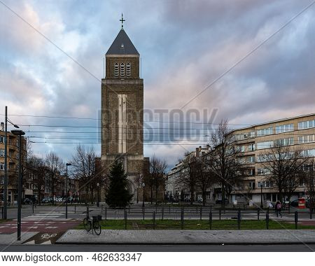 Jette, Brussels Capital Region, Belgium, 12 20 2020 - Our Lady Of Lourdes Church And Rectangular Tow