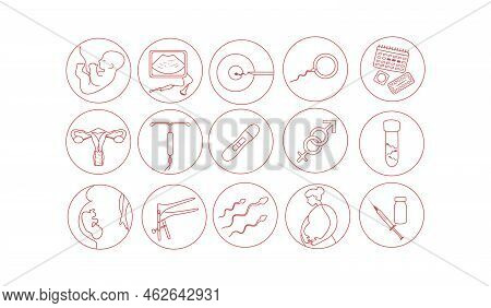 Woman Fertility Icon Set. Obstetrics Signs Collection. Pregnancy Insemination Contraception Concept