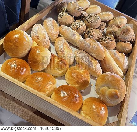 Fresh Baked Soft Bread Rolls And Hard Bread Rolls. Warm Fresh Buttery Rolls. Bakery Goodness Good Fo