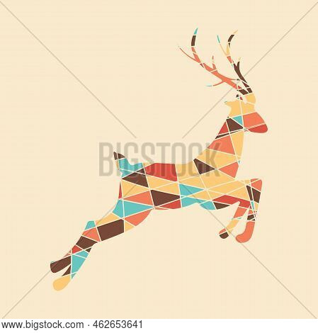 Deer Silhouette In Mosaic Style. Abstract Geometric Irregular Mosaic. New Vision Of Christmas Card.