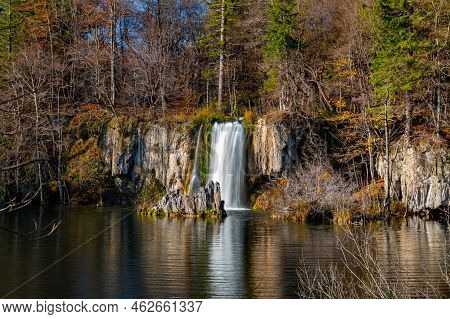 Plitvice Lakes National Park During Colorful Autumn, Croatia, Europe. Fall Colors Leafs On Trees. Wa
