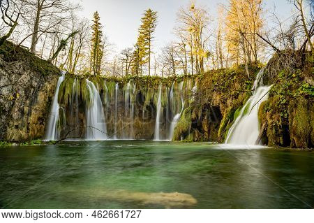 Plitvice Lakes National Park During Colorful Autumn, Croatia, Europe. Fall Colors Leafs On Trees. Wa