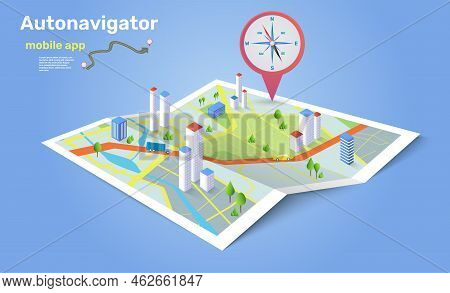 Gps Point Pin. City Map. Auto Navigator Mobile App. Isometric Street Plan. Car Transportation Pointe