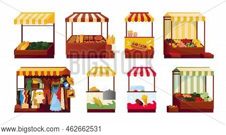 Marketplace Street Stall. Local Market Shop With Roof Canopy. Vendor And Hawker Selling Vegetables. 