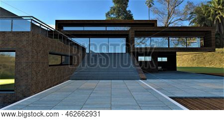 Modern Design Of A Country Private Estate. Wide Single-span Staircase With Concrete Steps. Combined 