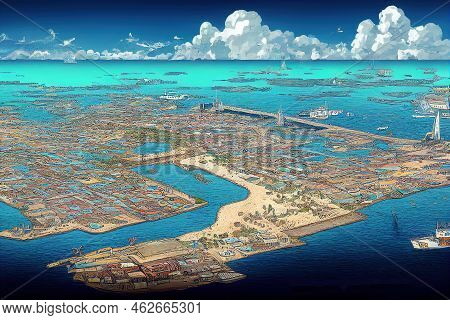 Cartoon Drawing Kralendijk Capital City And Harbor Of Bonaire