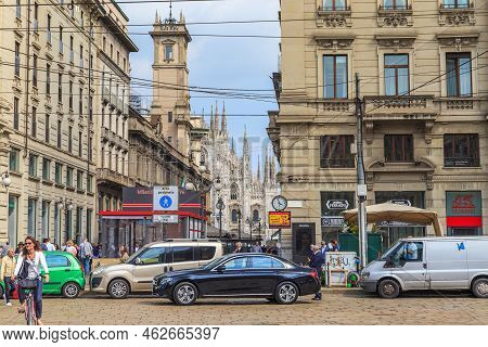 Milan, Italy - May 10, 2018: This Is A Lively Cordusio Square In The Historic Center Of The City.