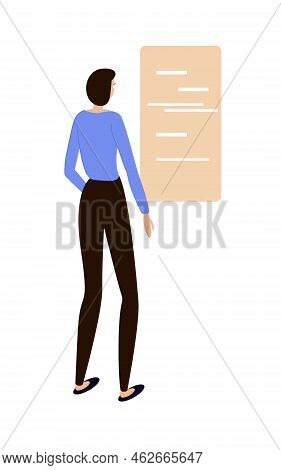 Young Happy Girl Looking And Showing On The Background With A Blank Poster Plakat. Blank Sheet Of Pa