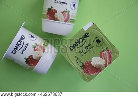 September 25, 2022 Ukraine City Of Kyiv Danone Yogurt On A Colored Background