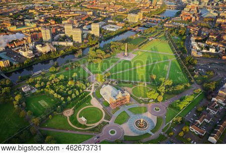 Aerial View Of Glasgow Green And The River Clyde At Sunrise