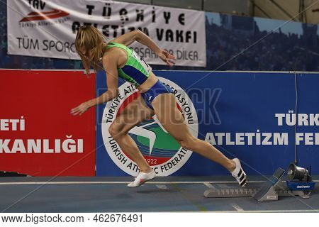 Istanbul, Turkey - March 05, 2022: Anita Horvat Running During Balkan Athletics Indoor Championships