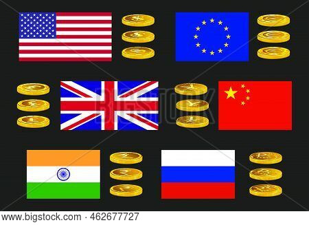 Set Of Vector Icons Of Major World Currencies With Country Flags In Gold Tones