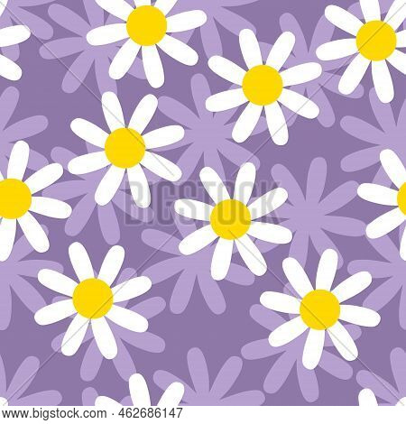 Groovy Seamless Pattern With Nostalgic Retro Camomile Flowers. Hippie Aestetic Texture Print For Tee