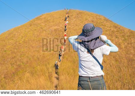 Traveler Female Hiking Enjoying In The Mountains At Khao Chang Puak Mountain Thailand