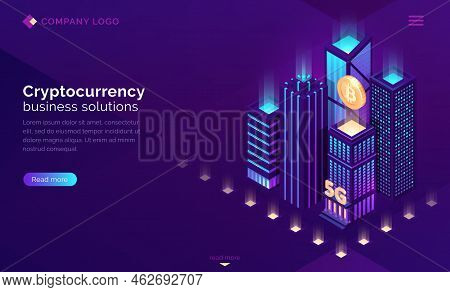 Cryptocurrency Business Solutions Isometric Landing Page. Huge Bitcoin Hanging Above Neon Glowing Sk