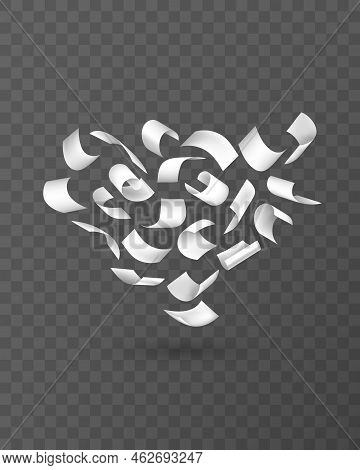 Fly Papers In Heart Shape. Chaotic Falling And Flying Empty White Sheets Group, Scattered Notes With