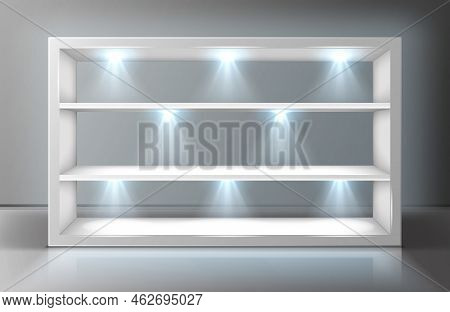 Glass Wall Display Case Frame With Shelves In Empty Exhibition Room Realistic Vector. Transparent Sh