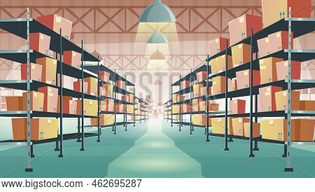 Warehouse Interior With Cardboard Boxes On Metal Racks. Vector Cartoon Illustration Of Empty Storeho