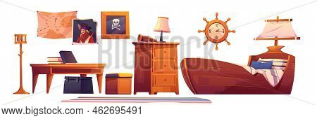 Pirate Baby Room Interior Set, Thematic Furniture And Accessories Ship Bed With Sail, Steering Wheel