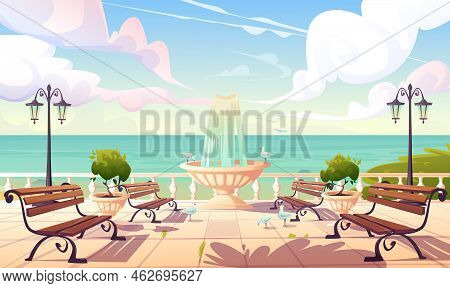 Summer Seafront With Fountain, Benches And Vintage Fence. Vector Cartoon Sea Landscape With Quay, Em