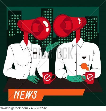 Manipulation Of People With Reporter Having Megaphone Head Broadcasting News On Tv Vector Illustrati