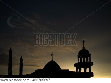 Mosques Dome Crescent Moon On Yellow Sky Background,new Year Muharram Asia Religious Muslim,ramadan 