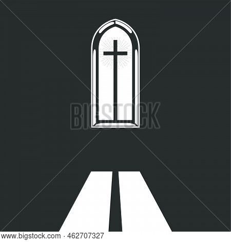 Church Window With Crucifix And Holy Light, Liturgical Prayer And Divine Worship, Vector