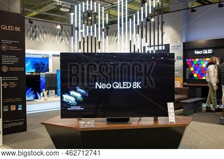8k Tvs In Modern Electronics Store. Samsung Neo Qled 8k In A Shop Window. Minsk, Belarus, 2022
