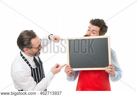 Cafe And Restaurant Opening. Bearded Men With Blackboard, Copy Space. Catering Business. Welcome On 