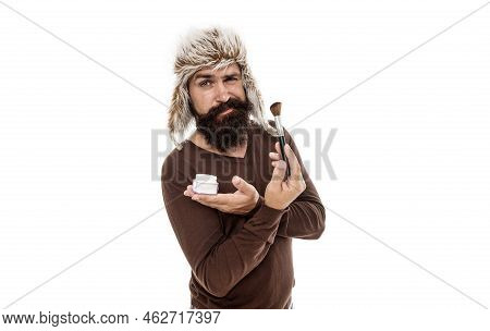 Eccentric Guy With Beard. Makeup And Greasepaint. Natural Brush. Professional Cosmetics. Stylist Car
