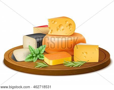 Realistic Cheese Pieces. Isolated Milk Products On Wooden Cutting Board Different Varieties, Cheddar