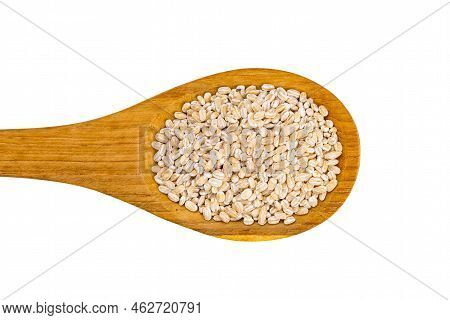 Top View Or Flat Lay Group Of Dry Pearl Barley In Wooden Spoon Isolated On White Background With Cli