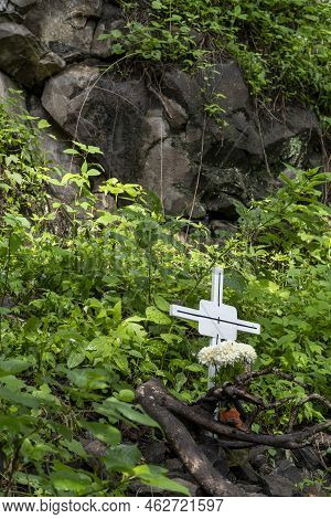 Cross On The Sidewalk Of A Deceased Person Huentitan Canyon In Guadalajara, Mountains And Trees, Gre