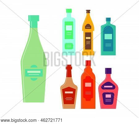 Set Bottles Of Wine Gin Beer Schnapps Whiskey Balsam Liquor. Icon Bottle With Cap And Label. Graphic